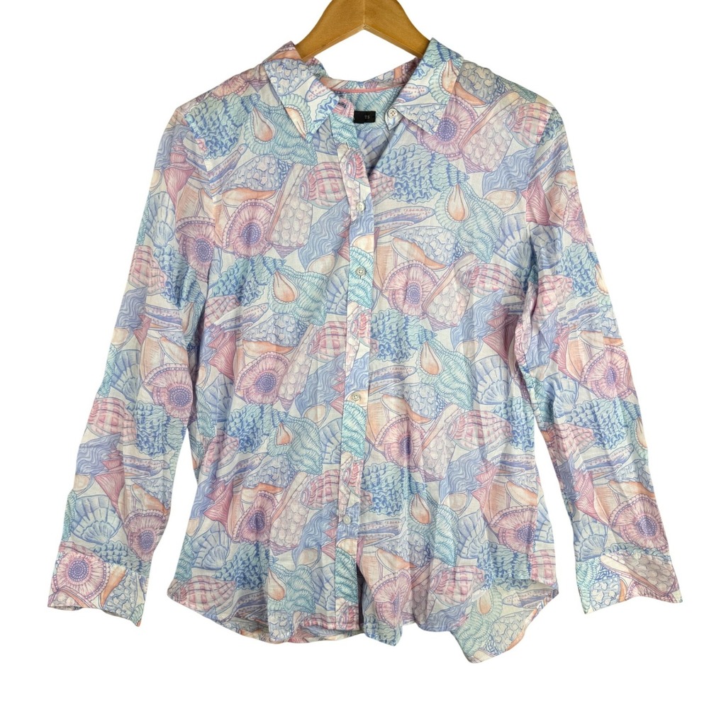 Talbots Shell Collection Pastel Ocean Theme Button Down Shirt size Large Blue/Pi